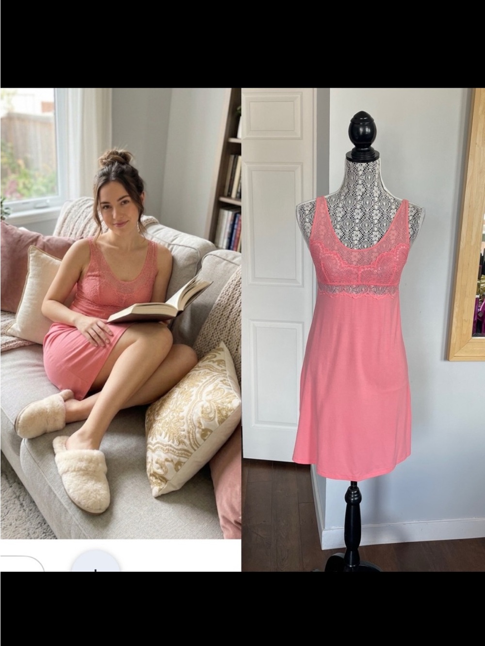 NWT La Vie En Rose Coral Pink Lace Chemise Lingerie Slip Dress. XS